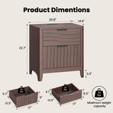PIXOURA Fluted Nightstand with Charging Station, 21" Wide Modern Bedside Table with 2 Storage Drawers, Curved Corner & Metal Handle, Mid Century Night Stand End Side Table for Bedroom, Walnut