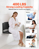 VEVOR Foldable Shower Seat Wall Mounted, 17.8" Folding Shower Bench with Supportive Backrest, Plastic Fold-Down Bathroom Corridor Seat with Stainless Steel Frame for Adults Seniors, 400LBS Loading