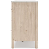 Signature Design by Ashley Cadmori Casual Bohemian Dresser with Post Legs and 6 Drawers, Replicated Marble Top, Wood, 35" High, White and Light Brown Finish