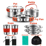 Camping Cooking Set | Stainless Steel Camping Pot and Pan Set with Kettle Cups Plates Forks Knives Spoons Jorunhe