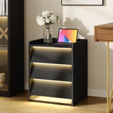 PIXOURA LED Nightstand with Charging Station, Modern Night Stand with 3 Slanted Drawers & LED Lights, Wood Bedside Table End Side Table for Bedroom, Office, Black