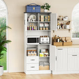 Bigbiglife Farmhouse Kitchen Pantry Cabinet with LED Lights and Power Strip, Tall Kitchen Storage Cabinet, Kitchen Hutch with Microwave Stand & Barn Doors and Drawers for Dining Room (White)