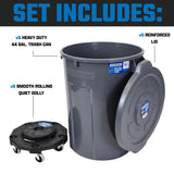 Gray 44 Gallon Trash Can Set (Trash Can, Quiet Dolly, and Reinforced Lid