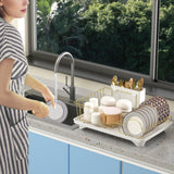 Buruis Dish Drying Rack for Kitchen Countertop, Large Capacity Gold Stainless Steel Dish Drainer with Anti-Slip Rubber Feet, Removable Drain Board and Utensil Holder (White Tray)