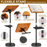 2 in 1 Dual-use Music Stand & Desktop Book Stand, Adjustable Height 16.5"-51", 100% Solid Wood Laptop Floor Stand Book Holder with Elastic Page Clips for Cookbooks (Brown with Tray)