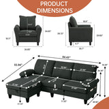 Chireca 3 Piece Convertible Sectional Sofa Set, Modern Linen Fabric Small Couch with Movable Storage Ottoman & Reversible Chaise, 4-Seat Sofa Couches for Living Room, Home Office, Apartment, Black