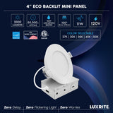 LUXRITE 4 Inch LED Recessed Light, ECO Backlit Mini Panel Spotlight, 5CCT 2700K-5000K, 1000 Lumens, High Output, 11 Watts, Dimmable, IC Rated, Wet Rated, ETL Listed, Energy Star, Round (24 Pack)