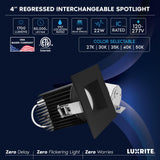 LUXRITE 4 Inch Recessed Light, Regressed Canless LED Spotlight, 5CCT 2700K-5000K, CRI90, 22W, 1700 Lumens High Output, 60º Wide Flood, Square Black Trim, Dual Dimmable, IC & Wet Rated (4 Pack)