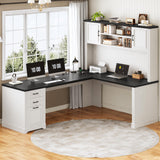 L Shaped Desk with Hutch and 3 Drawers, 68.9" Executive Office Desk with File Drawer and Power Outlet