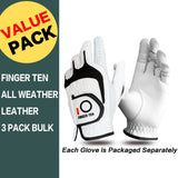 FINGER TEN Golf Gloves Men Right Left Handed Golfer 3 Pack (White-3 Pack, M/Large, Right)