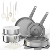 Sanho 21-Piece Pots and Pans Set, Healthy Ceramic Nonstick Cookware with Detachable Handles, Non-Toxic 4-Layer Stainless Steel & Aluminum Core, Induction RV Kitchen Set, Dishwasher & Oven Safe, Gray