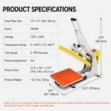 15x15Inch Heat Press Machine, Semi-Auto Open T-Shirt Press