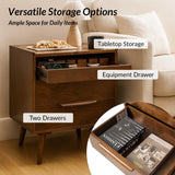 HULALA HOME 2 Drawer End Table with Pull-Out Shelf, Mid-Century Modern End Table with Wood Legs, Wood Side Table with Charging Station(Walnut, Set of 2)