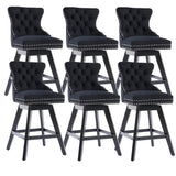 MOOLSUN A Set of 6 Blue Velvet bar stools - Classic Fixed Height Design, rotatable Button Group Seats, Perfect for Standard Kitchen Islands and Home Bars,Black(Wood Leg)