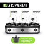 TRU Triple Buffet Server - Three 2.5 Quart Removable Crock Inserts - Slow Cooker & Food Warmer with Individual Heat Control - Includes Lid Rests & Serving Spoons