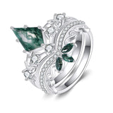 Oseew Natural Moss Agate Ring for Women 2CT Kite Cut 2 Pieces Engagement Ring Set 10K/14K/18K Solid Gold/Sterling Silve Personalized Wedding Leaf Vintage Bridal Promise Ring for Women (Style 1