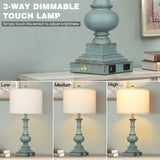 Farmhouse Table Lamps Set of 2, 26" Vintage Rustic Touch Control 3-Way Dimmable Bedside Lamp with USB A+C Ports & AC Outlet, Blue Nightstand Lamp for Living Room Bedroom End Table(LED Bulbs Included)
