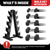 PAPABABE Dumbbell Set Rubber Encased Hex Dumbbell Free Weights Dumbbells Set Home Weight Set- 150 lb Set (Pair of 5 10 15 20 25 lb with Rack) papababe