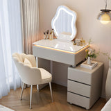 Quvex 23.6" Compact Makeup Vanity Desk with LED Cloud Mirror & Ambient Light, Sintered Stone Top Vanity Table, 4 Drawers, Petal Chair, Extendable & Reversible Dressing Table, Wall-Flush Design, Khaki