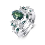 Oseew Natural Moss Agate Ring for Women 2CT Pear Cut 2 Pieces Engagement Ring Set 10K/14K/18K Solid Gold/Sterling Silver Wedding Vintage Leaf Bridal Promise Ring with Gift Box