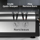 Narcissus Knife Sharpener, Professional 2 Stage Electric Knife Sharpener for Quick Sharpening & Polishing, with Scissors Sharpener and Metal Dust Collection Box, Stainless Steel, Silver