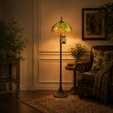 Bieye L10766 Grapes Tiffany Style Stained Glass Double-Lit Floor Lamp with Owl Night Light, 18" Wx65 H