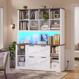 ADORNEVE Tall Farmhouse Bookshelf with Storage Drawers,White & Walnut