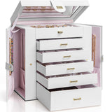 AKOZLIN Extra Large 6-Tier Jewelry Box Organizer with Mirror, 5 Drawers Leather Jewelry Storage Case for Women Girls Ring Necklace Earring Bracelet White