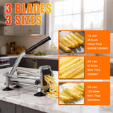 WODHMIEY Manual French Fry Cutter for Potatoes with Interchangeable Blades, Handheld Stainless Steel Potato Slicer for Home and Commercial Use (1/2'' & 3/8'' & 1/4'')