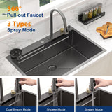 Sarlai 33 Inch Waterfall Kitchen Sink - 33x22 Black Waterfall Drop In Sink Workstation Stainless Steel 16 Gauge Smart Sinks Multifunction Single Bowl Top Mount Kitchen Sinks with Faucet Combo