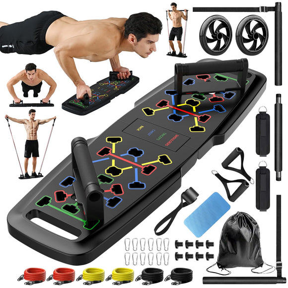 Push Up Board,Home Gym,Portable Exercise Equipment,Pilates Bar and 20 Fitness Accessories with Resistance Bands and Ab Roller Wheel,Full Body Workout at Home MQRW