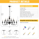 LIGHTDAMY Black Farmhouse Chandeliers for Dining Room Light Fixtures Over Table, 12 Light Industrial Candle Hanging Chandeliers for Living Room Kitchen Island Foyer Staircase