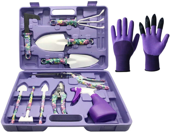 Garden Tool Set, 11 Pcs Gardening Tools Purple Floral Print. Best Gift for Women: Handle Trowel, Rake, Pruning, Shear
