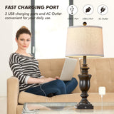 SAIWEYA 27.5" Set of 2 Farmhouse Table Lamps for Bedroom, 3 Way Dimmable Bedside Lamp with 2 USB +AC Outlet Nightstand Lamps for Living Room Resin Rustic Touch Lamps