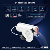 LUXRITE 2-Inch Gimbal LED Recessed Lighting, 5 Color Selectable 2700K-5000K, 6 Watts, 400 Lumens, Adjustable 360º + 30º Swivel Spotlight, Dimmable, CRI90, IC & Wet Rated, ETL, White (12 Pack)