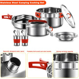 Camping Cooking Set | Stainless Steel Camping Pot and Pan Set with Kettle Cups Plates Forks Knives Spoons Jorunhe