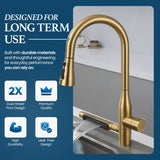 STiLWERK Waterfall Kitchen Faucet with Pull-Down Sprayer, 3 Flow Modes (Sweep/Stream/Waterfall), 360° Swivel, Stainless Steel Sink Faucet for Farmhouse, Camper, Bar, Laundry, Rv, Brushed Gold