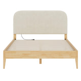 KISLOT Wood Bed Frame with USB & Type-C Charging, Boucle Platform Bed with Upholstered Headboard Mattress Foundation No Box Spring Needed Easy Assembly