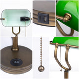JCPYIUL Green Glass Bankers Lamp, Retro Desk Lamp with USB Wireless Charging Port, Classic Pull Chain Switch Table lamp, for Home Office nightstand Bedside Study Desk Library