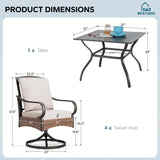 MFSTUDIO 5pc Patio Dining Set, Swivel Rattan Chairs, Square Table