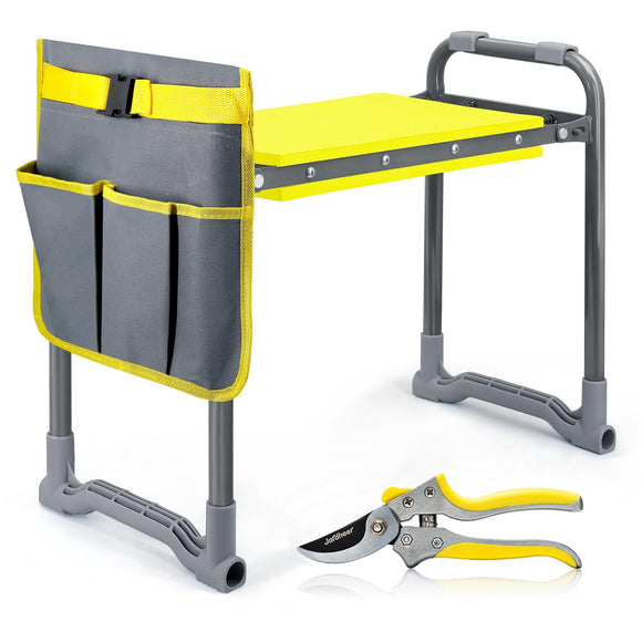 Heavy Duty Garden Kneeler and Seat with Handles - 2-in-1 Foldable Gardening Stool for Seniors, Ergonomic Yellow Kneeling Bench & Pad