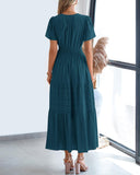 BTFBM Womens Summer 2026 Casual Midi Maxi Dresses Lightweight Short Sleeve V Neck Elastic Waist Boho Beach Dress Pockets(Lake Blue, XX-Large)