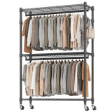 BATHWA Heavy Duty Garment Rack on Wheels, Rolling Clothes Racks for Hanging Storage, Simple Sturdy Metal Wardrobe Closet with Double Rods, 8 Side Hangers, 3 Shelves, Black