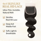 Luckstar 16A Body Wave Human Hair Bundles with 4x4 Skinlike Real HD Lace Closure,3 Bundles 20 22 24 with 18 Inch HD Closure, Double Drawn Weft, Long-Lasting Professional Sew-In Extensions