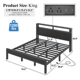 King Size Bed Frame with Storage Headboard, Industrial Platform Bed with Charging Station and LED Lights, Heavy Duty Metal Slats, No Box Spring Need, Noise Free, Black