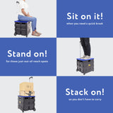 dbest products Quik Cart Collapsible Rolling Crate on Wheels for Teachers Tote Basket, 80 lbs Capacity, Blue Lid Made from Heavy Duty Plastic and used as a Seat