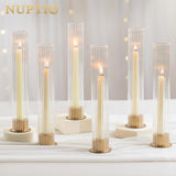 NUPTIO Hurricane Candle Holder for Centerpiece: Set of 10 Metal Taper Candle Holders with Fluted Glass Cylinders - Gold Candlestick Holders Bulk for Outdoor Party Dinner Wedding Table Decoration
