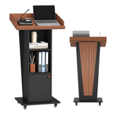 Baoz 15° Tilted Podium Stand with Storage & Lockable Wheels, Wooden Lectern with Adjustable Shelf,