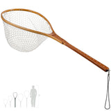 Riverruns Long Wooden Net Fly Fishing with Measuring Dots on Handle Soft Rubber Bag (Long Handle Wooden Net)