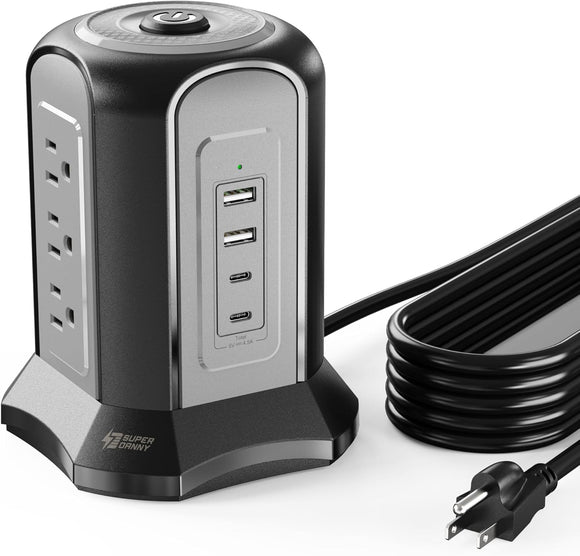 Power Strip Tower Surge Protector Desktop Charging Station, 10 Ft Extension Cord, 9 Outlets, 4 USB Ports Black SUPERDANNY